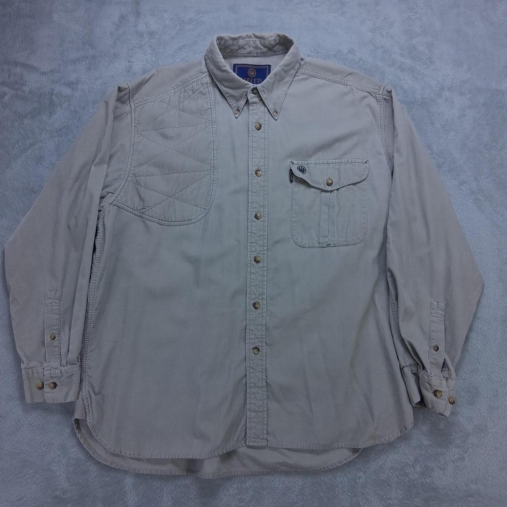 Beretta Mens Long Sleeve Button Up Shirt Beige Cotton Hunting Utility Size XL